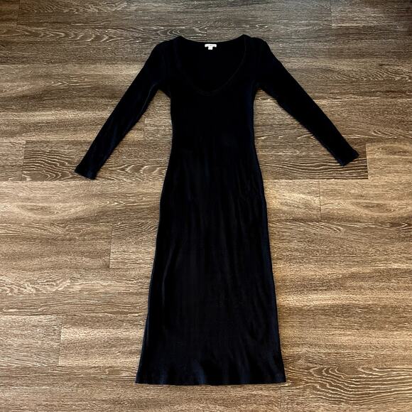 EUC James Perse Thermal Long Sleeve Maxi Dress Black Cotton Scoop Neck Rib Knit - Picture 16 of 16